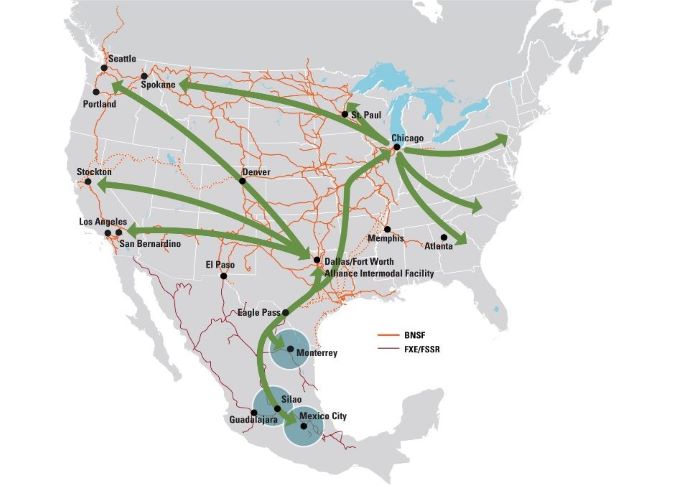 Map shows Alliance Intermodal Facility’s strategic position on BNSF’s intermodal network, including connections to Mexico markets.