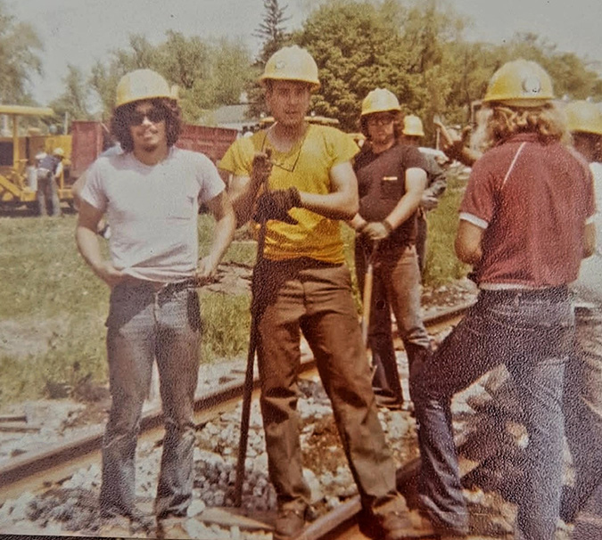 Braulio Sotelo, left, with his team members early in his railroading career 